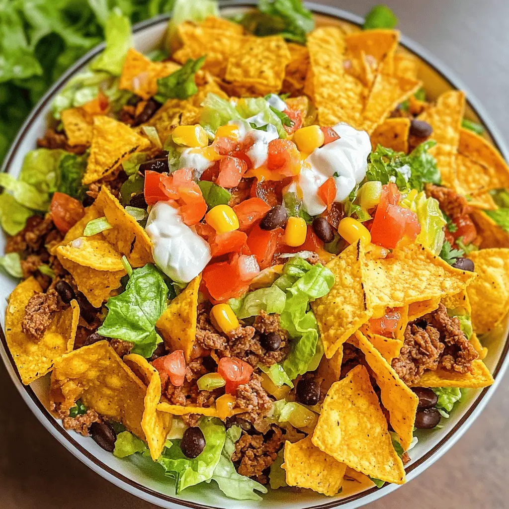 This Doritos Taco Salad is the perfect blend of crunch and flavor! Loaded with seasoned ground beef, fresh veggies, and a zesty dressing, every bite is a delightful explosion. It's incredibly easy to whip up and ideal for gatherings or a fun weeknight dinner. Save this recipe for your next taco night and impress your family and friends!