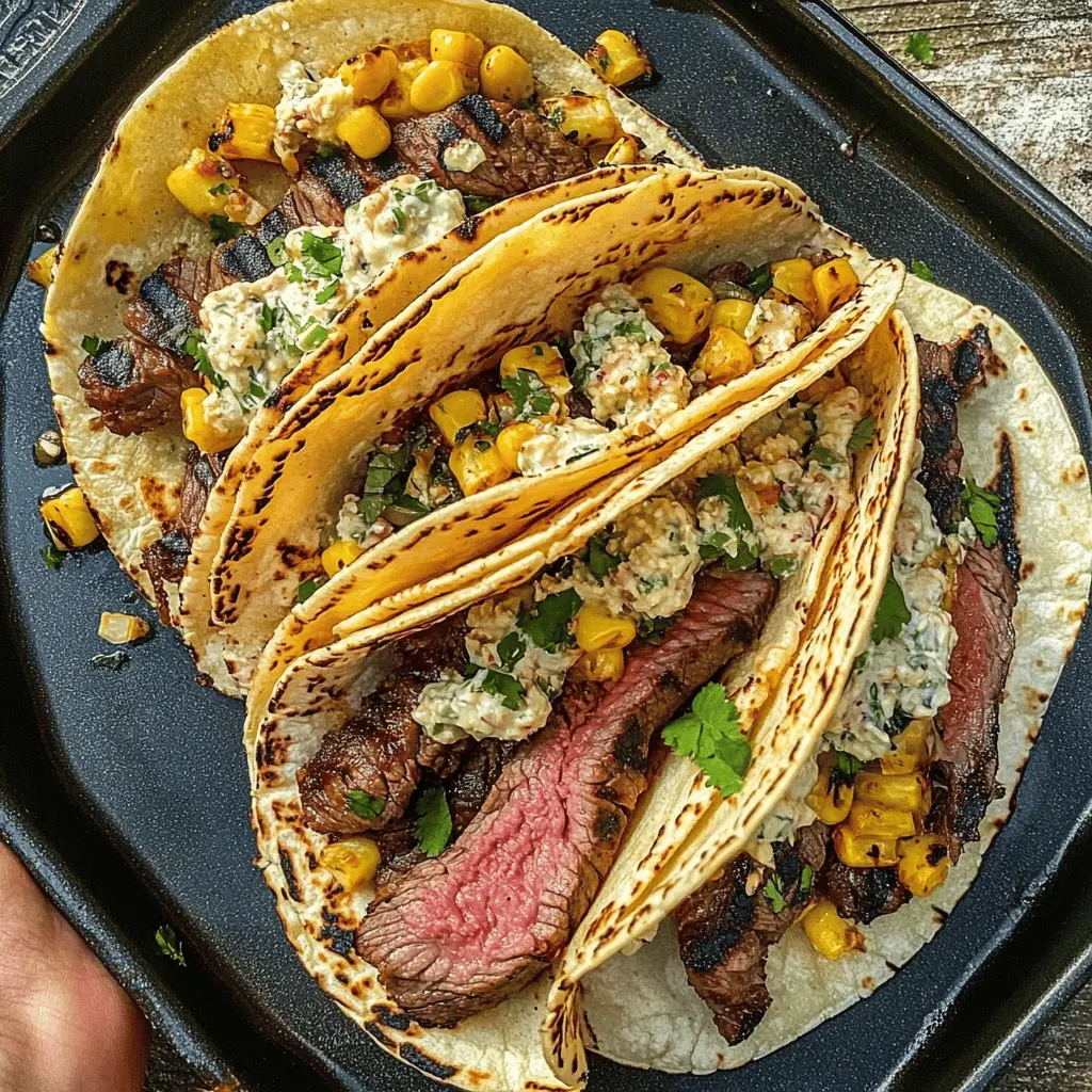 These Grilled Steak Elote Tacos are bursting with flavor! Juicy grilled steak, fresh corn, and vibrant toppings come together for a delicious twist on traditional tacos. Perfect for your next gathering or a cozy dinner at home. Save this recipe to make these flavorful tacos for any occasion!