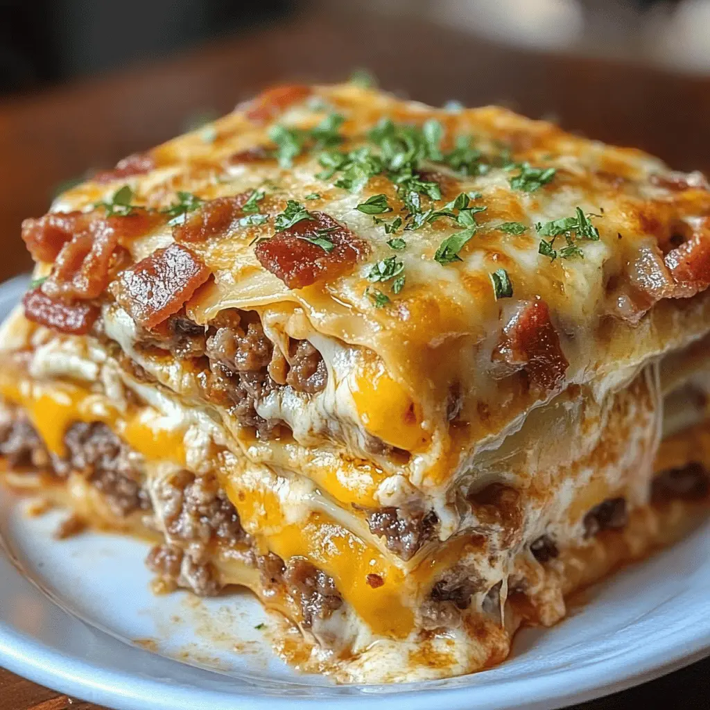Layered goodness awaits with this Parmesan Garlic Bacon Cheeseburger Lasagna! Made with crispy bacon, savory beef, and cheesy goodness, this twist on a classic favorite is sure to impress your family and friends. Perfect for game nights or cozy dinners, remember to save this recipe for your next gathering!