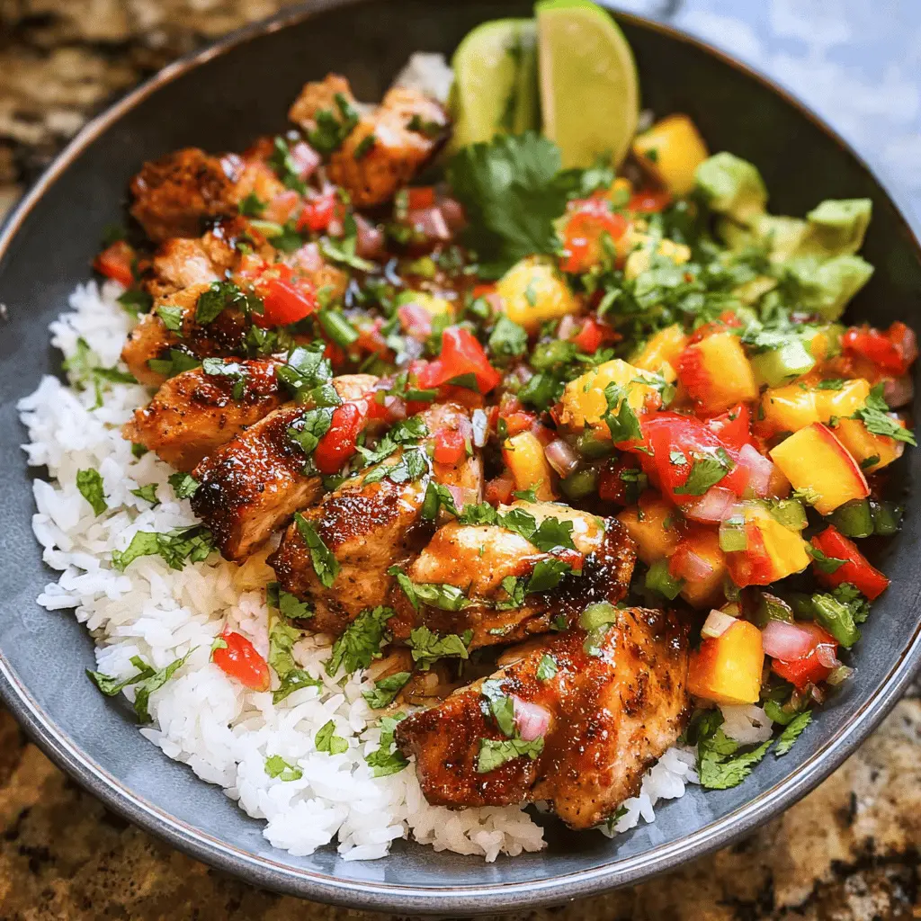 Easy Cilantro-Lime Chicken Bowls With Fresh Peach Salsa