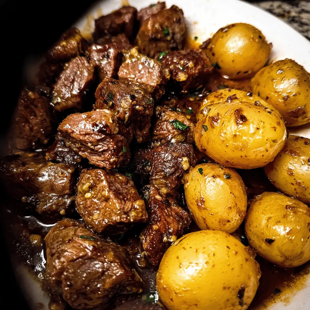 Slow Cooker Garlic Butter Beef Bites with Potatoes