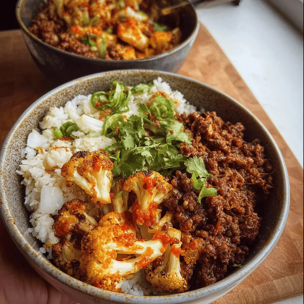 Crispy Chile Ground Beef and Cauliflower Bowls