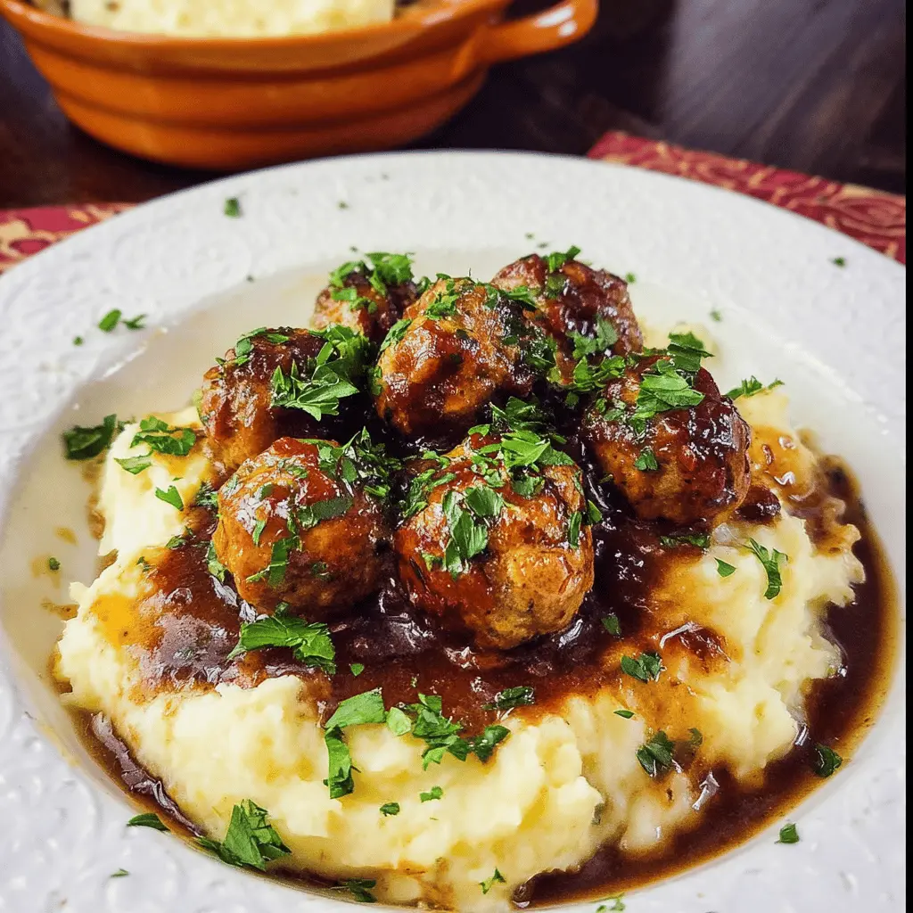 Easy Salisbury Meatballs with Creamy Mashed Potatoes