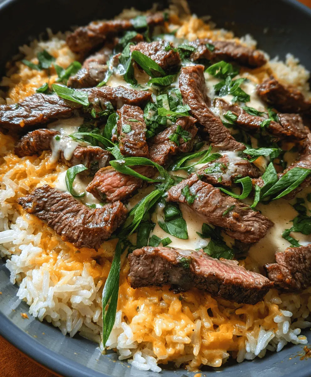 Creamy Queso Rice with Tender Steak Strips