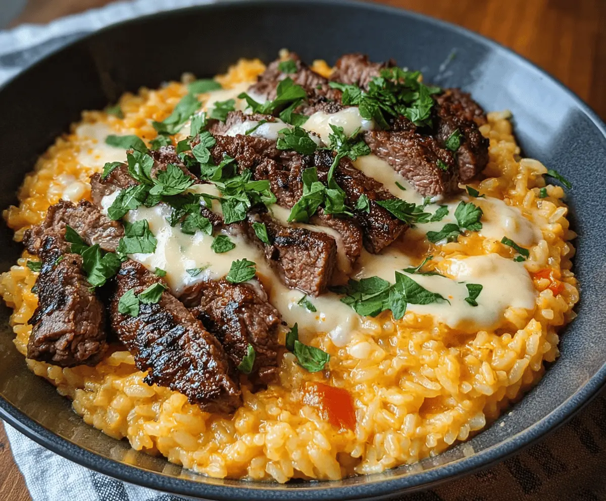 Creamy Queso Rice with Tender Steak Strips